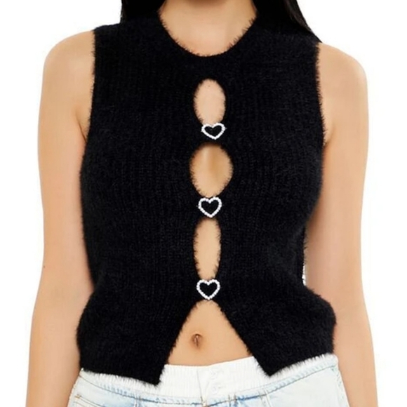 Forever 21 Rhinestone Heart Sweater Vest Black - Picture 1 of 5